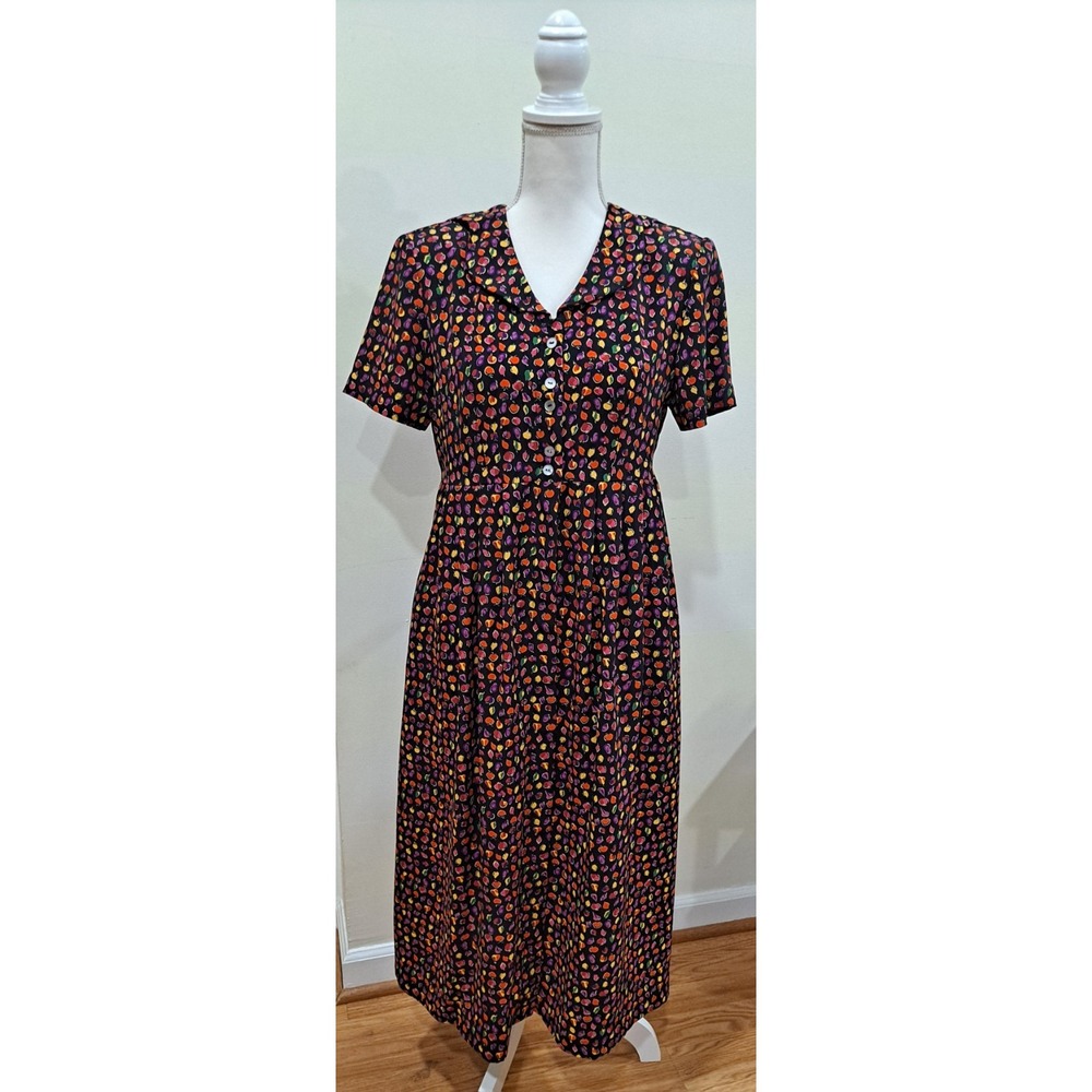 Size 4 Vintage Y2K Liz Claiborne Maxi Dress Black Fruit Motiff Pockets Modesty